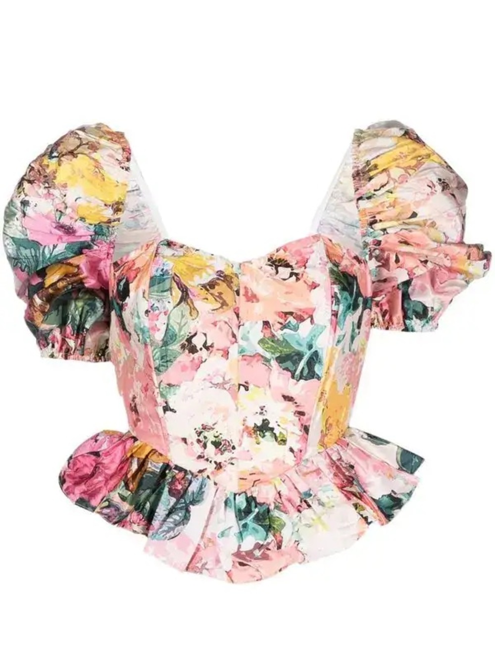 Hemant & Nandita • Aroha Top floral puff sleeve corset bustier peplum open back